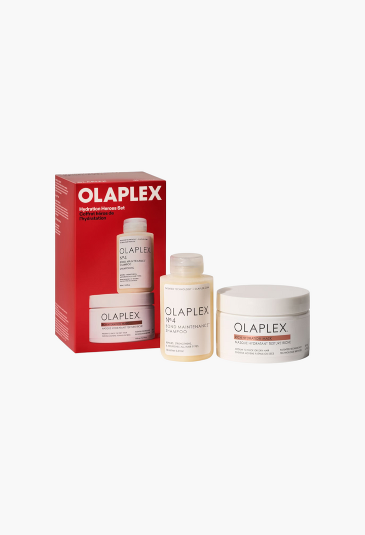 GLAM MODA OLAPLEX Hydration Heroes Set featuring No.4 Bond Maintenance Shampoo and Rich Hydration Mask for dry hair.