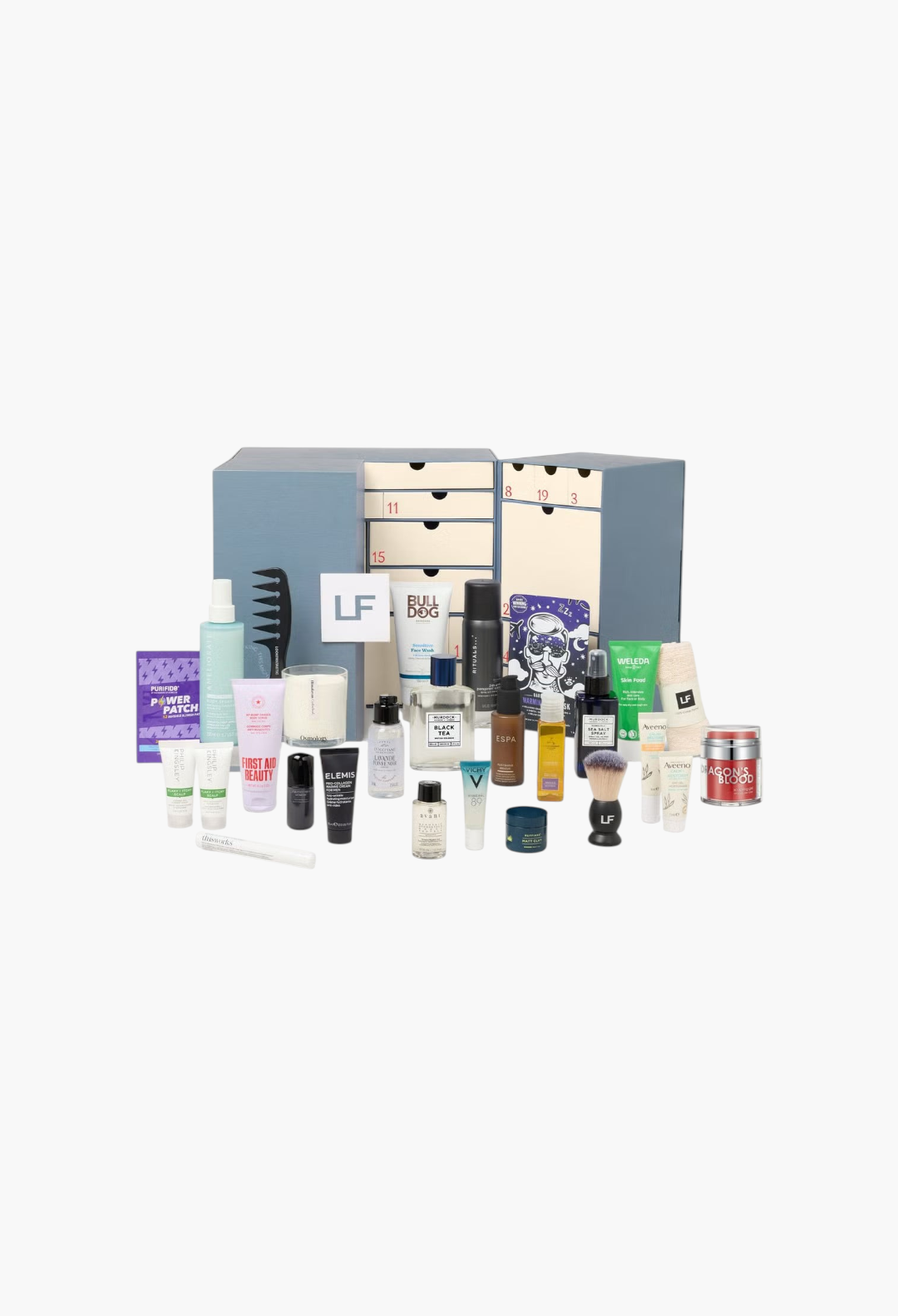 GLAM MODA grooming advent calendar featuring a collection of skincare, haircare, and shaving products in a blue box