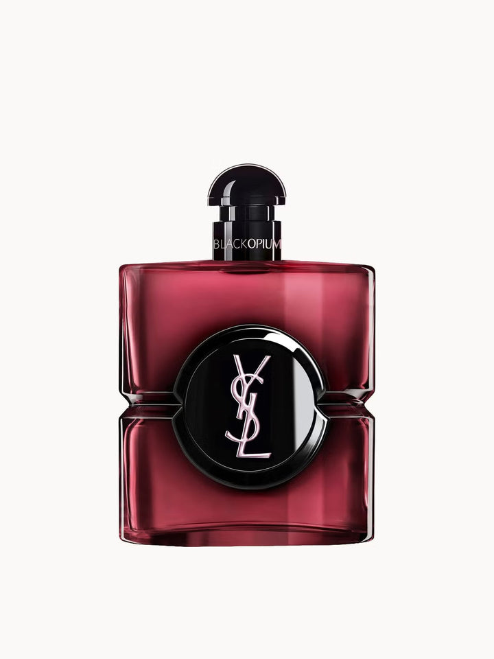 GLAM MODA YSL Black Opium Pink Glaze perfume bottle in dark pink lacquer with a black circular logo center
