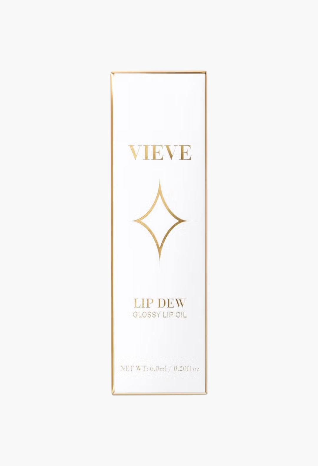 GLAM MODA VIEVE Lip Dew glossy lip oil packaging in a white box with gold star logo and elegant typography