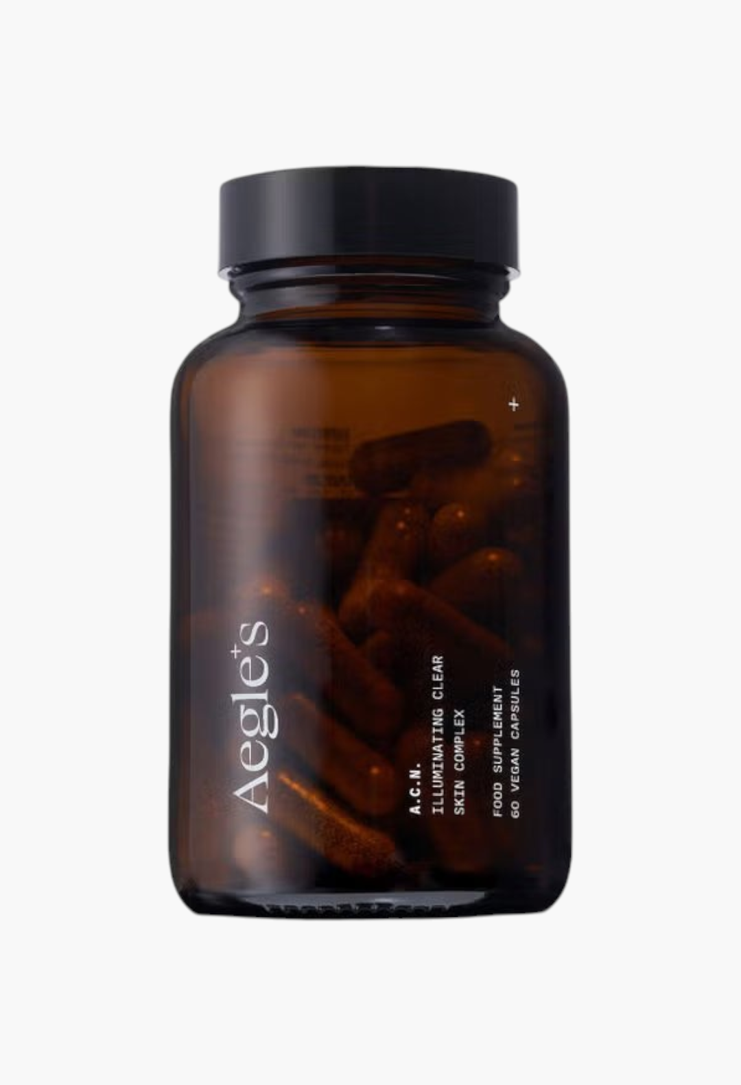 GLAM MODA Aegle's Clear Skin Complex vegan supplement bottle in amber glass with black cap