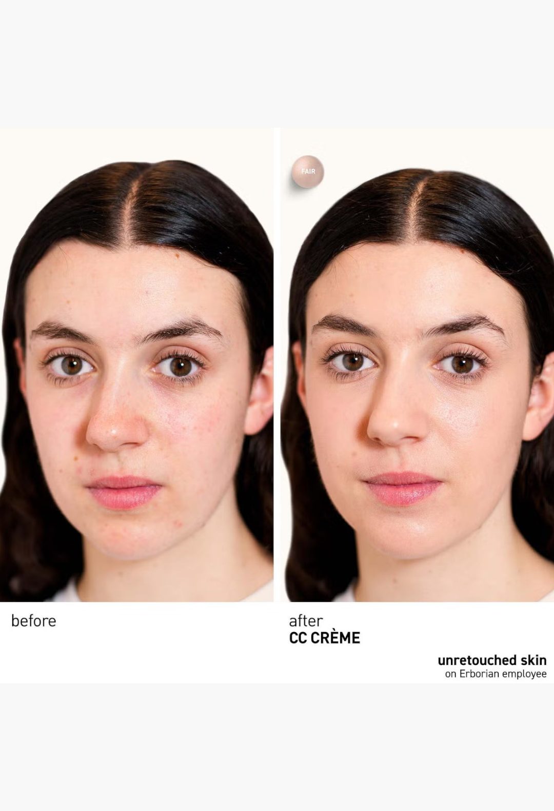 GLAM MODA Erborian CC Cream Porcelain before and after comparison showing even skin tone and blurred texture