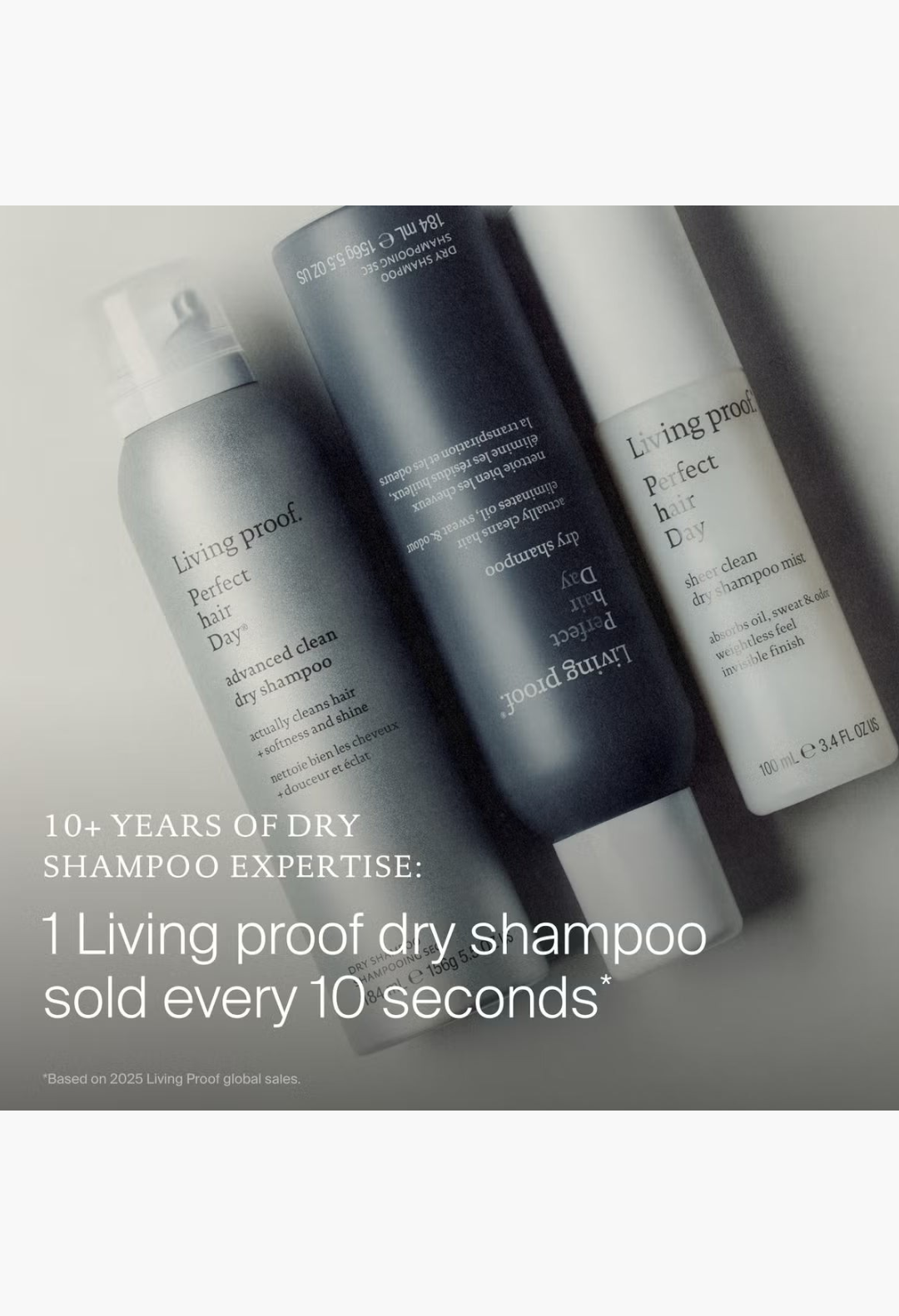 GLAM MODA collection of Living Proof Perfect Hair Day dry shampoo bottles featuring advanced clean and sheer mist