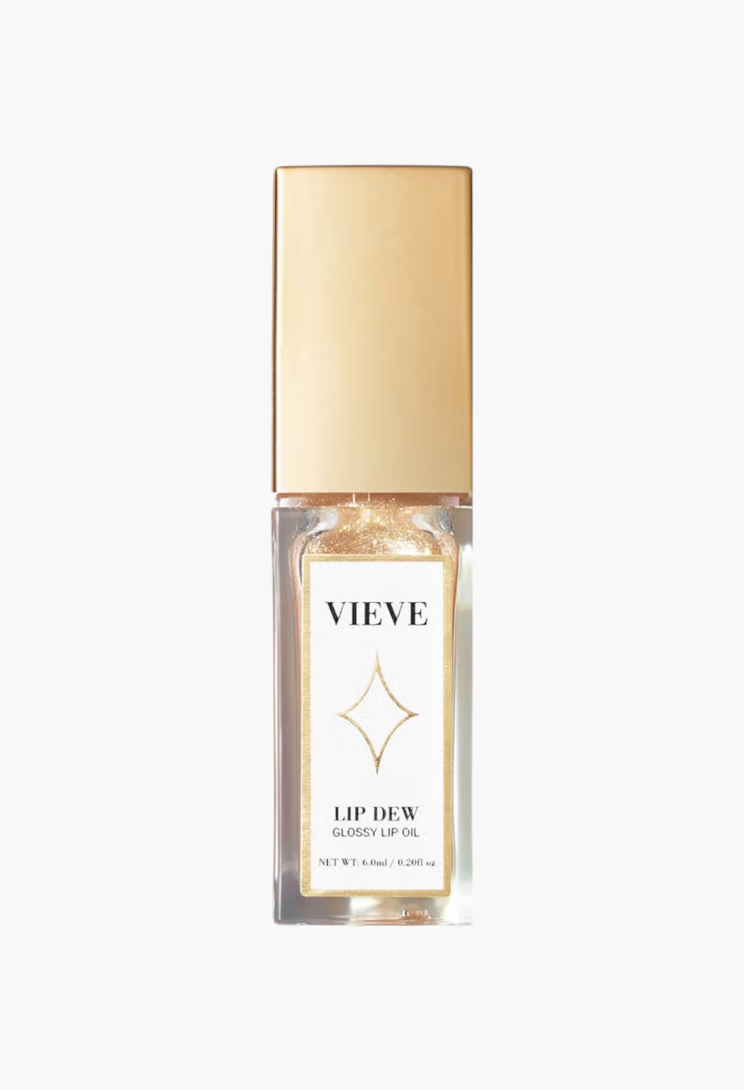 GLAM MODA VIEVE Lip Dew glossy lip oil in a clear bottle with a gold cap, featuring a shimmering golden formula.