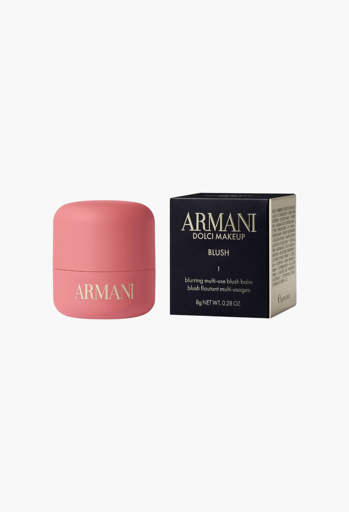 GLAM MODA Armani Dolci Blush cream-to-powder balm in a pink pot with its black branded packaging box.