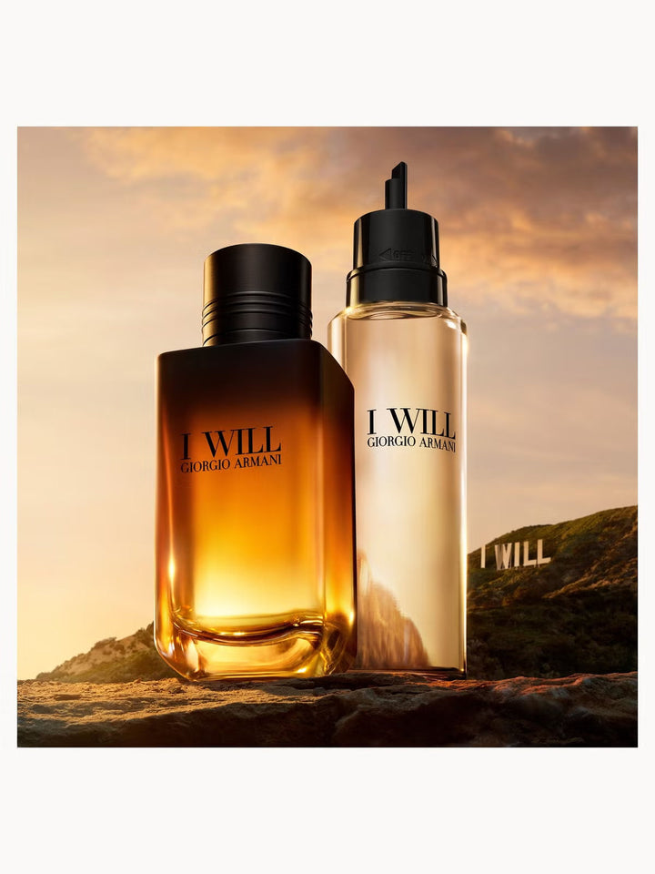 GLAM MODA Giorgio Armani I Will Eau de Parfum bottles featuring a black and gold gradient design