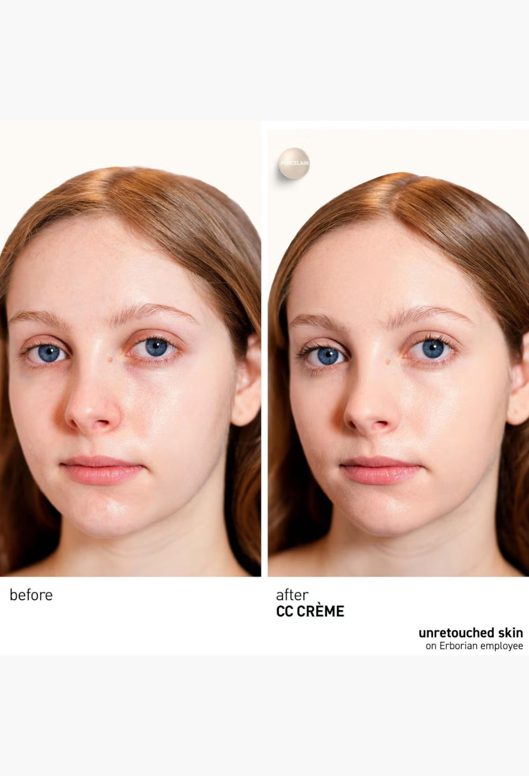 GLAM MODA before and after comparison of Erborian CC Cream in Porcelain shade on a model showing evened skin tone.