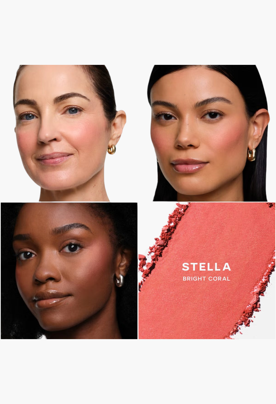 GLAM MODA Saie SuperSuede Radiant Blush in Stella bright coral shade shown on three diverse skin tones