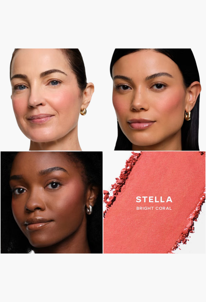 GLAM MODA Saie SuperSuede Radiant Blush in Stella bright coral shade shown on three diverse skin tones