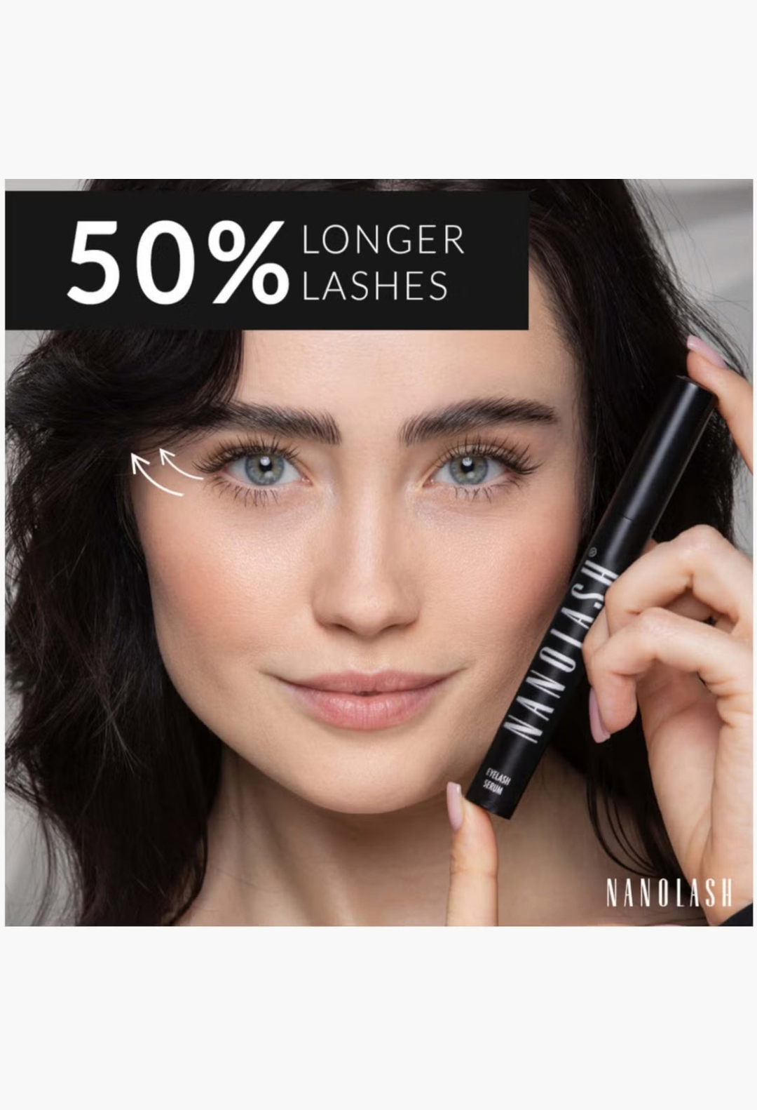 GLAM MODA Nanolash Eyelash Serum bottle held by a woman with long, dark lashes and a text overlay about lash growth.