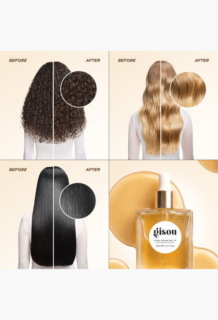 GLAM MODA Gisou Honey Infused Hair Oil showing before and after results on various hair textures and a product bottle.