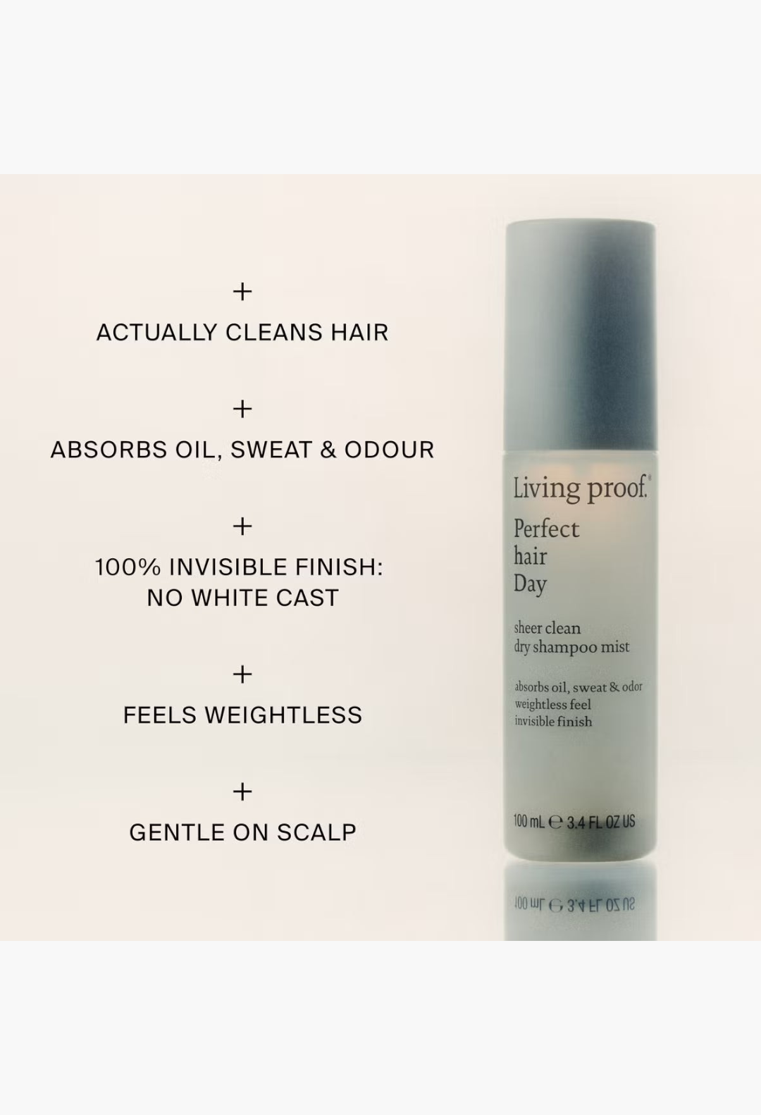 GLAM MODA Living Proof Perfect Hair Day Sheer Clean Dry Shampoo Mist bottle with key benefits listed on the left.