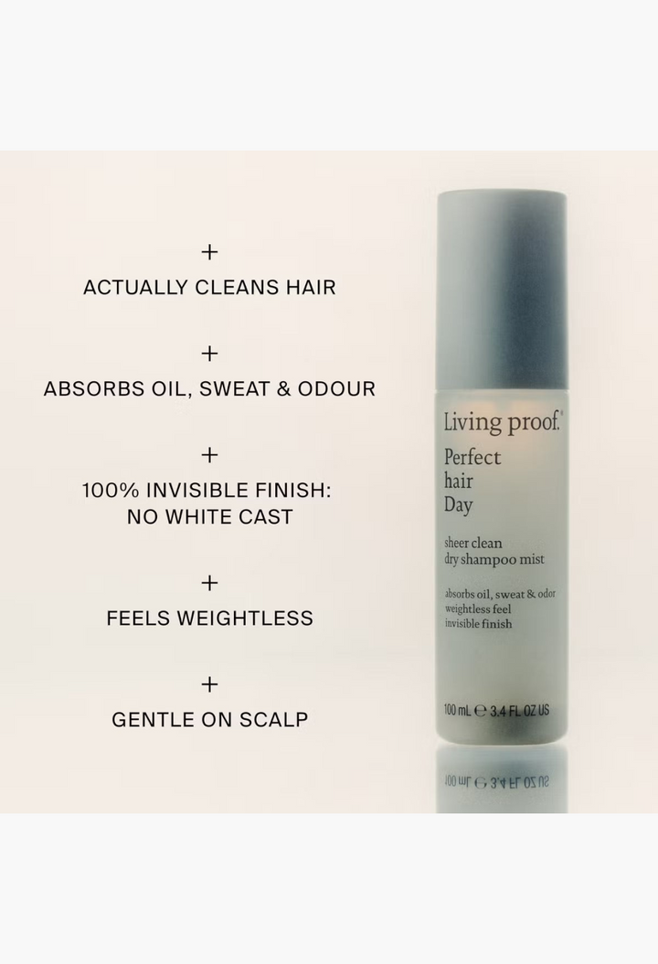 GLAM MODA Living Proof Perfect Hair Day Sheer Clean Dry Shampoo Mist bottle with key benefits listed on the left.