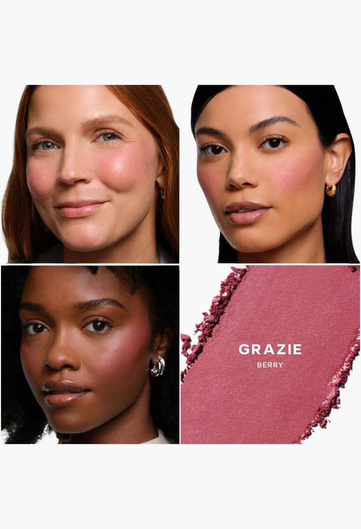GLAM MODA Saie SuperSuede Radiant Blush in Grazie berry shade shown on three diverse models and as a powder swatch
