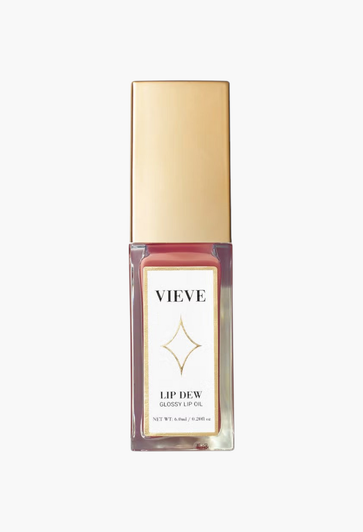 GLAM MODA VIEVE Lip Dew glossy lip oil in a clear glass tube with a gold cap for a high-shine, non-sticky finish.