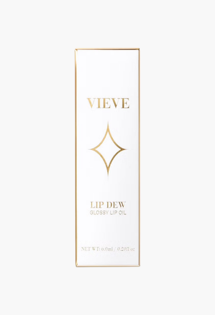 GLAM MODA VIEVE Lip Dew glossy lip oil packaging in a white box with elegant gold lettering and star icon