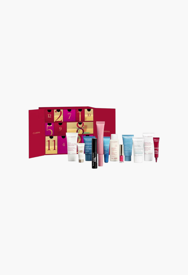 GLAM MODA Clarins 12 Day Beauty Calendar featuring skincare and makeup minis in a festive red gift box