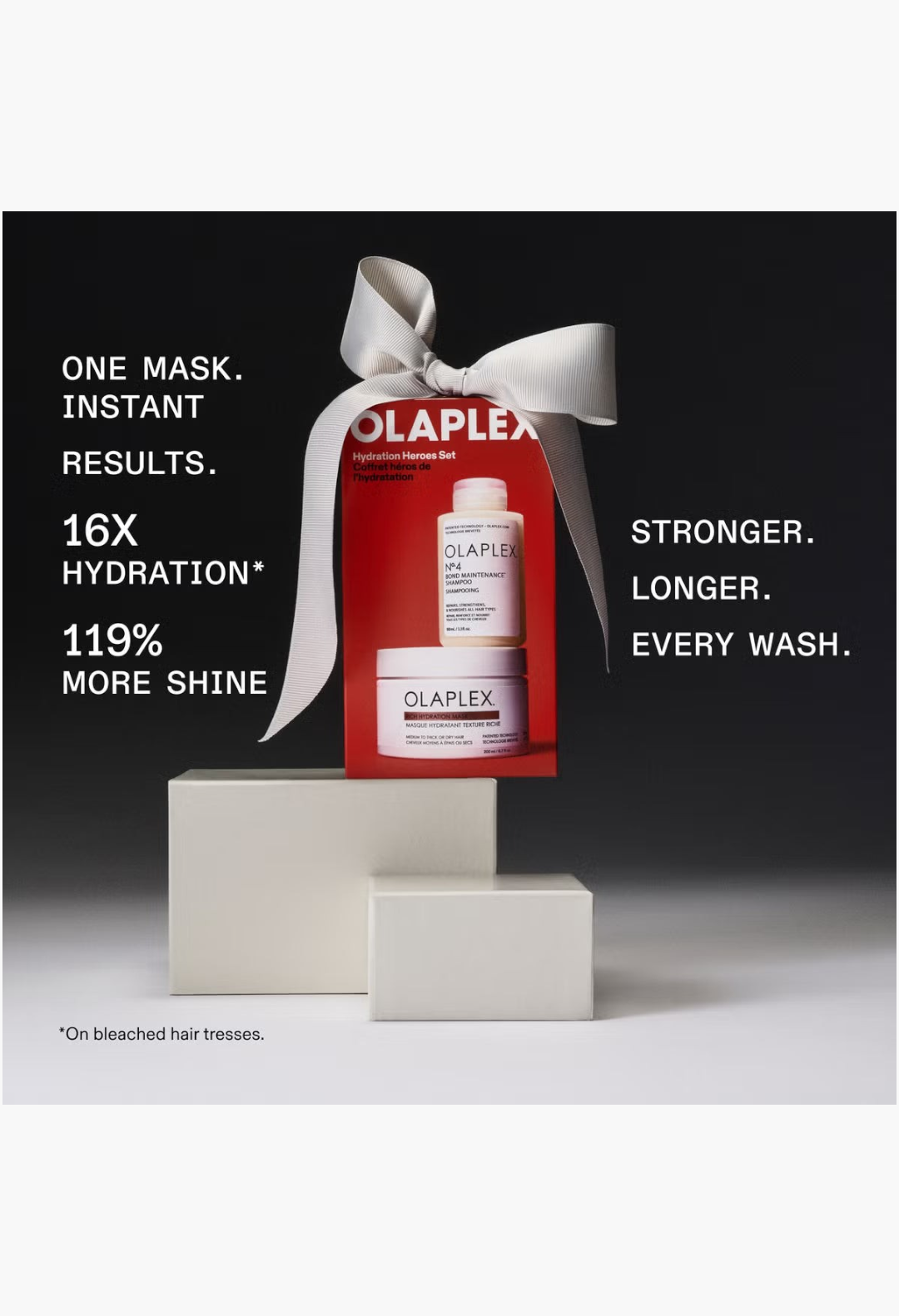 GLAM MODA Olaplex Hydration Heroes hair care gift set featuring No.4 shampoo and Rich Hydration Mask with a silver bow.