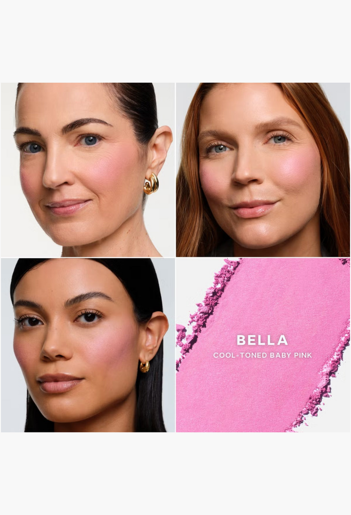 GLAM MODA Saie SuperSuede Radiant Blush in Bella, a cool-toned baby pink powder shown on three diverse models.