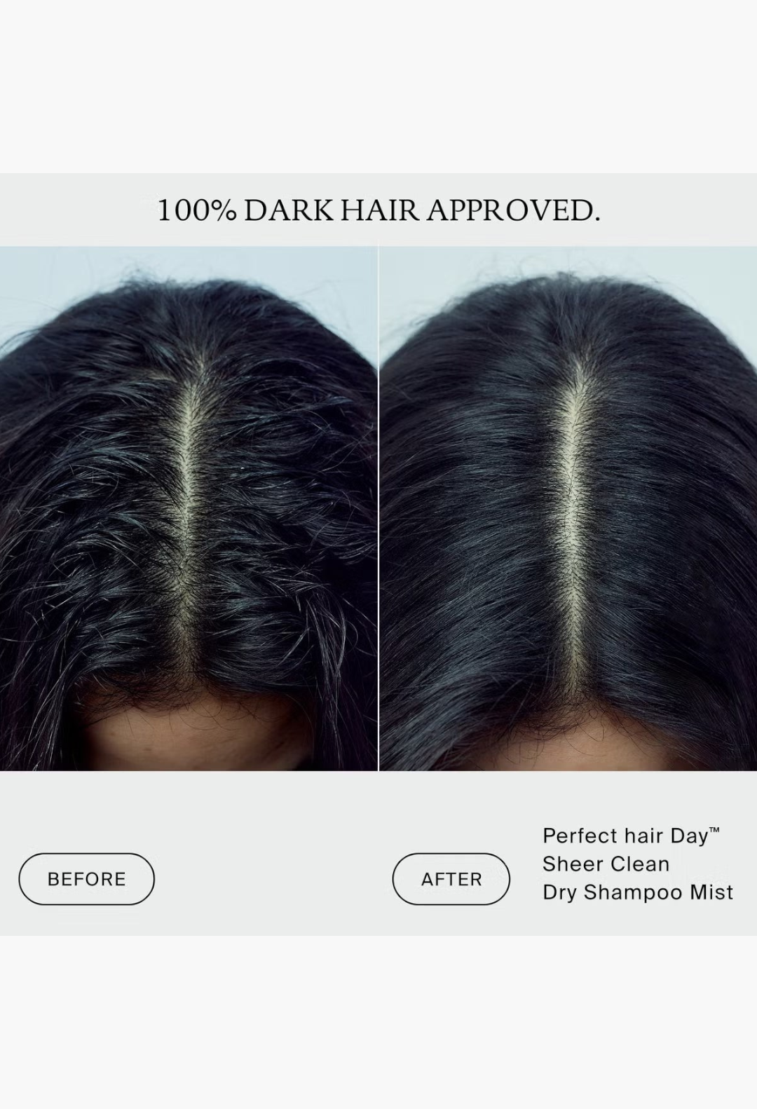 GLAM MODA before and after comparison of dark hair using Perfect Hair Day Sheer Clean Dry Shampoo Mist