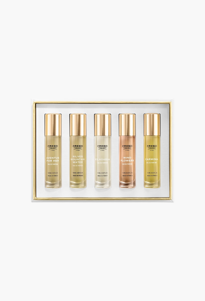 GLAM MODA Creed Women's Discovery Set featuring five 10ml luxury perfume vials with gold caps in a white gift box.