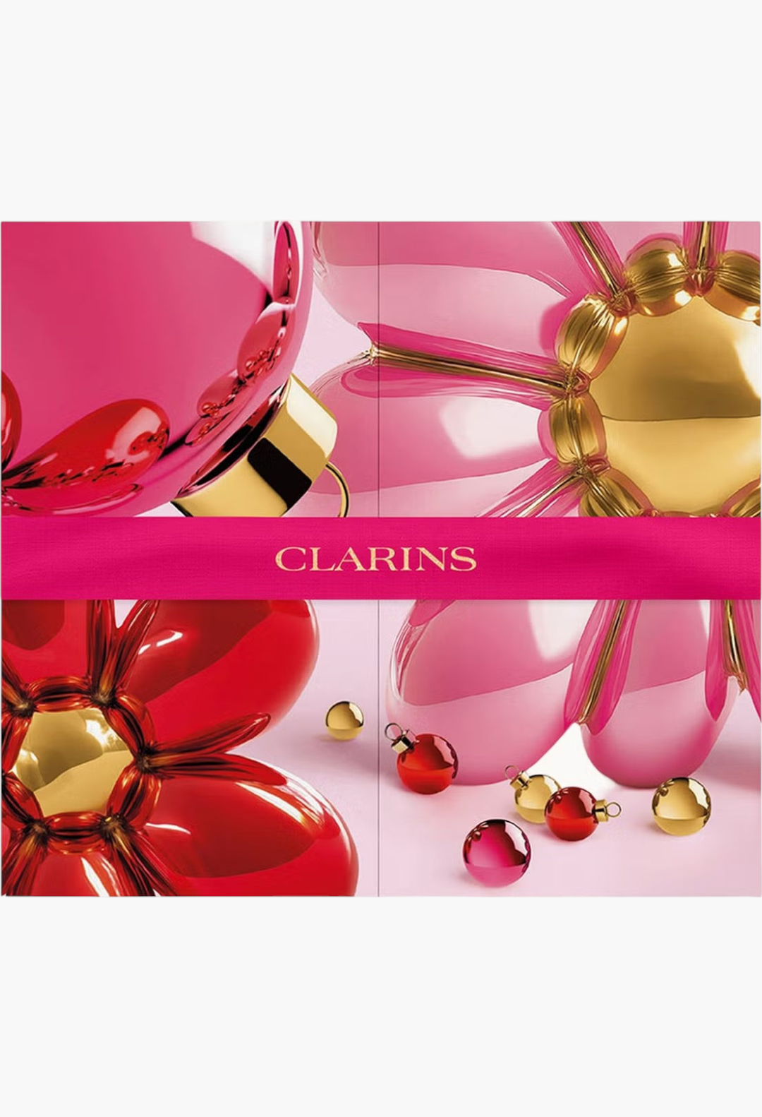 GLAM MODA Clarins 12 Day Beauty Calendar featuring festive pink and red floral designs with gold accents