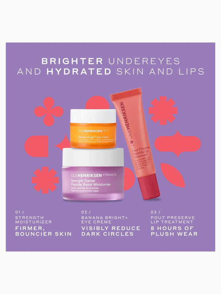 GLAM MODA OLE HENRIKSEN skincare set featuring Banana Bright+ Eye Crème, Peptide Boost Moisturizer, and Lip Treatment.