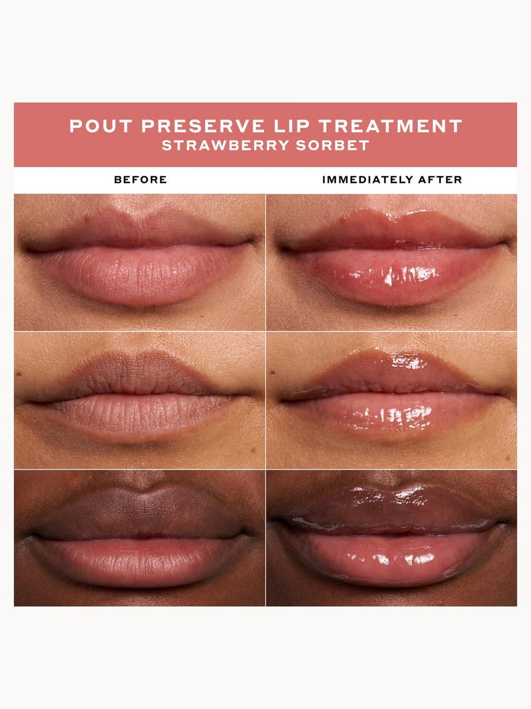 GLAM MODA Pout Preserve Lip Treatment in Strawberry Sorbet showing before and after application on three skin tones.