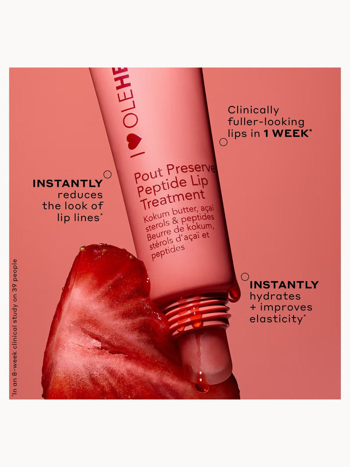 GLAM MODA OLE HENRIKSEN Pout Preserve Peptide Lip Treatment tube with strawberry slice and skincare benefits text