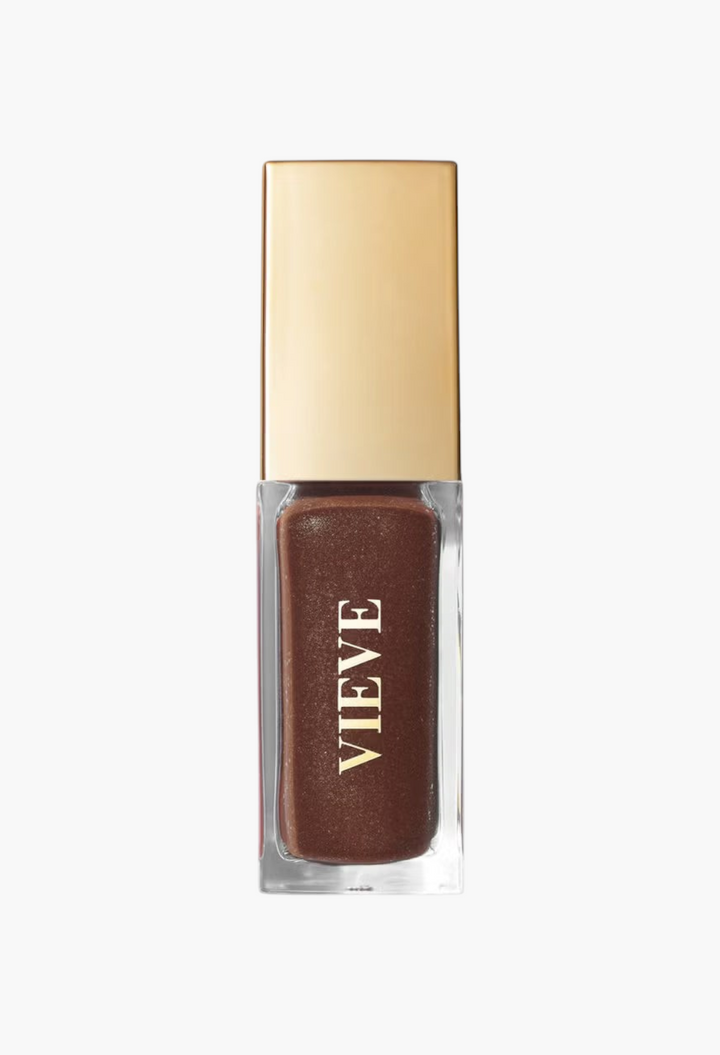 GLAM MODA VIEVE Lip Dew in a deep brown shade with a gold cap, featuring a high-shine, non-sticky nourishing formula.