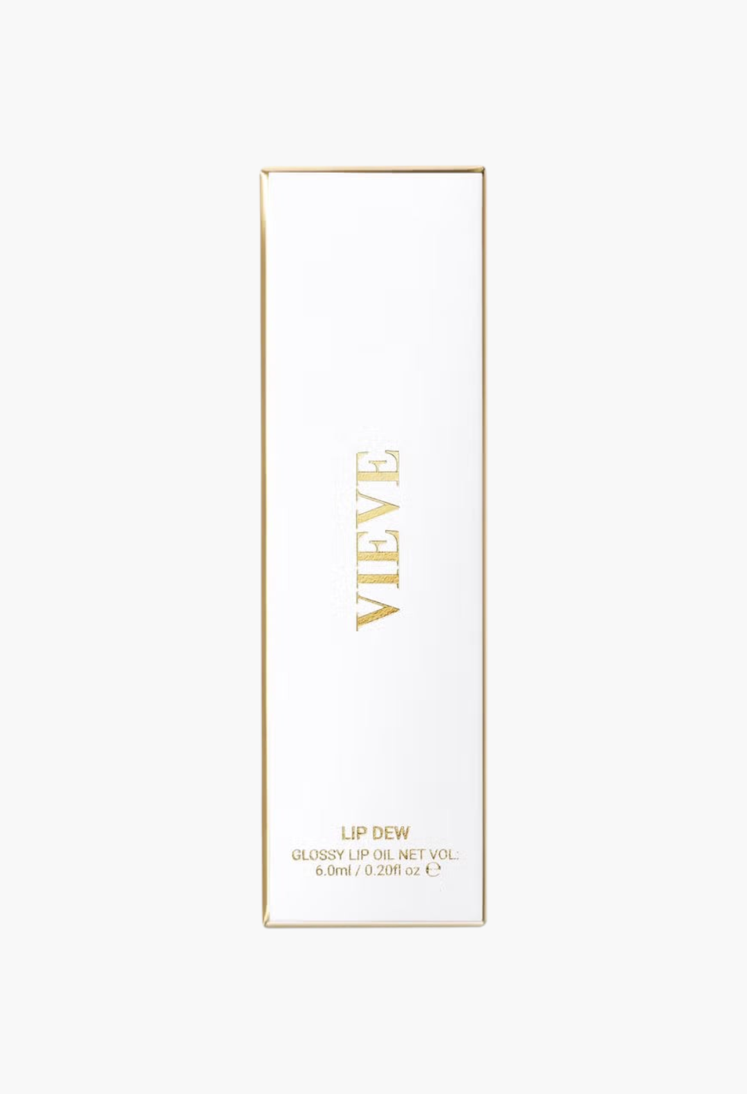 GLAM MODA VIEVE Lip Dew glossy lip oil packaging in a white box with elegant gold lettering