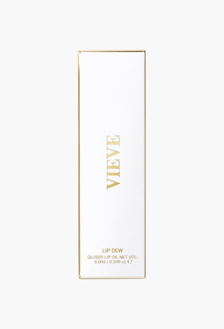 GLAM MODA VIEVE Lip Dew glossy lip oil packaging in a white box with elegant gold lettering