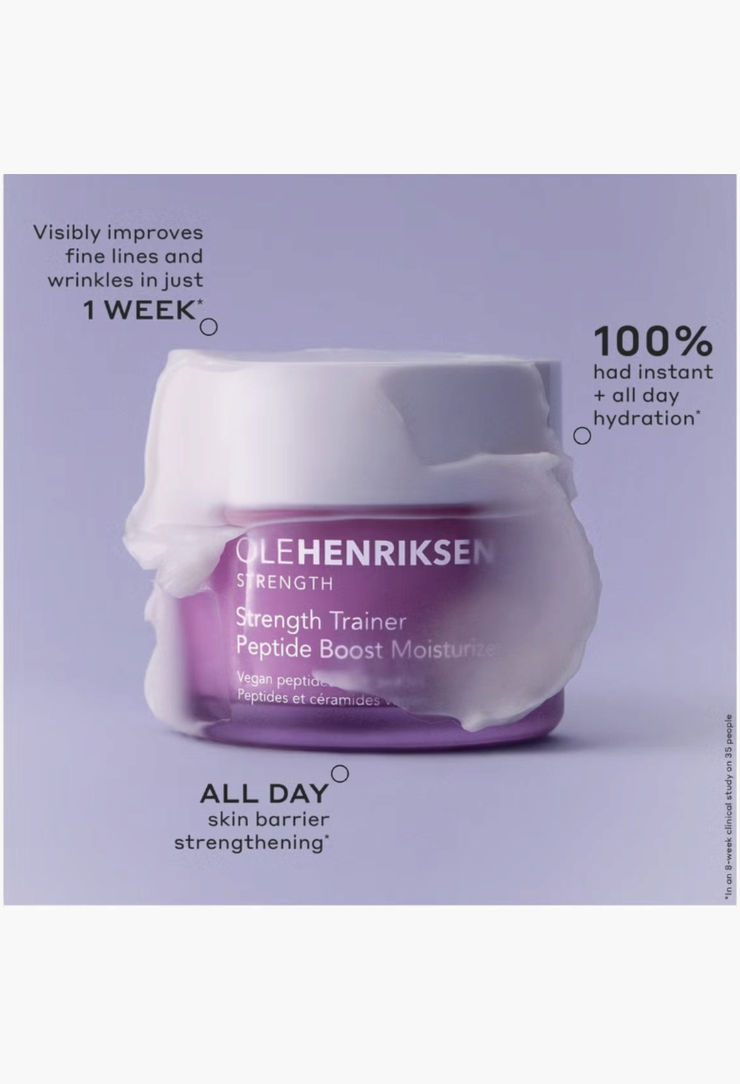 GLAM MODA OLE HENRIKSEN Strength Trainer Peptide Boost Moisturizer in a purple jar with a creamy white texture