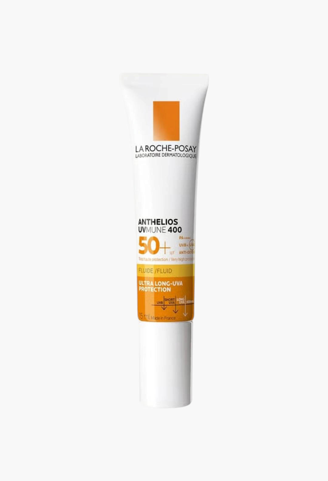 GLAM MODA La Roche-Posay Anthelios UVMune 400 SPF 50+ invisible fluid sun cream in a white squeeze tube.