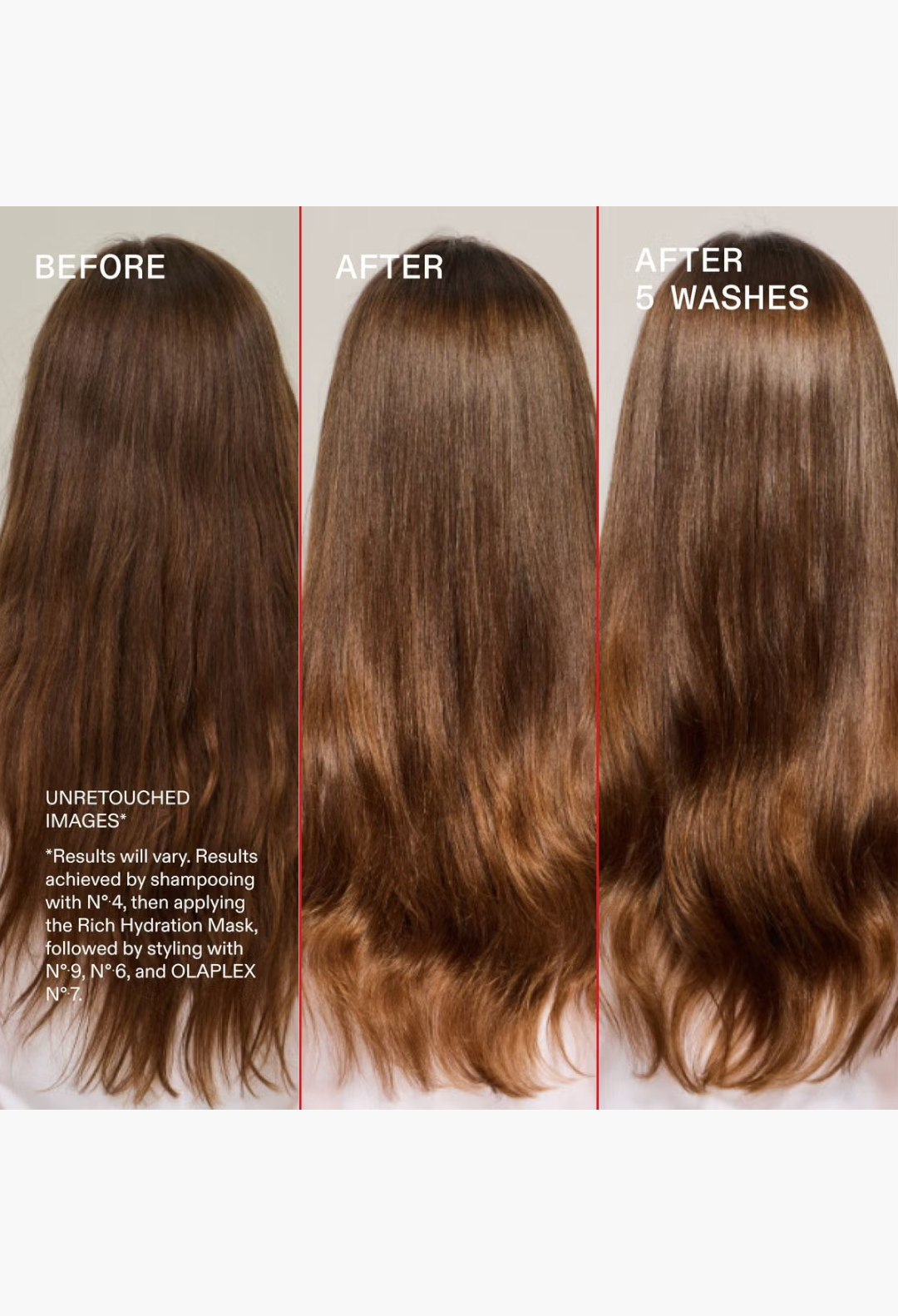 GLAM MODA hair transformation results showing before and after use of Olaplex Hydration Heroes set for glossy hair