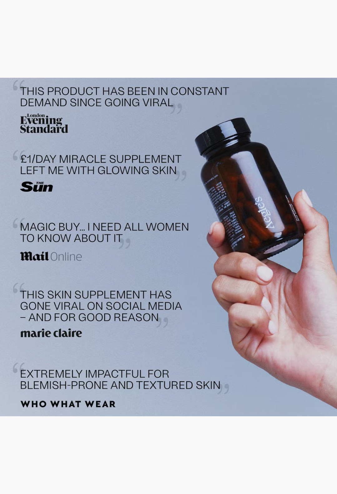 GLAM MODA Aegle's Clear Skin Complex supplement bottle held in a hand, featuring a dark amber glass jar.
