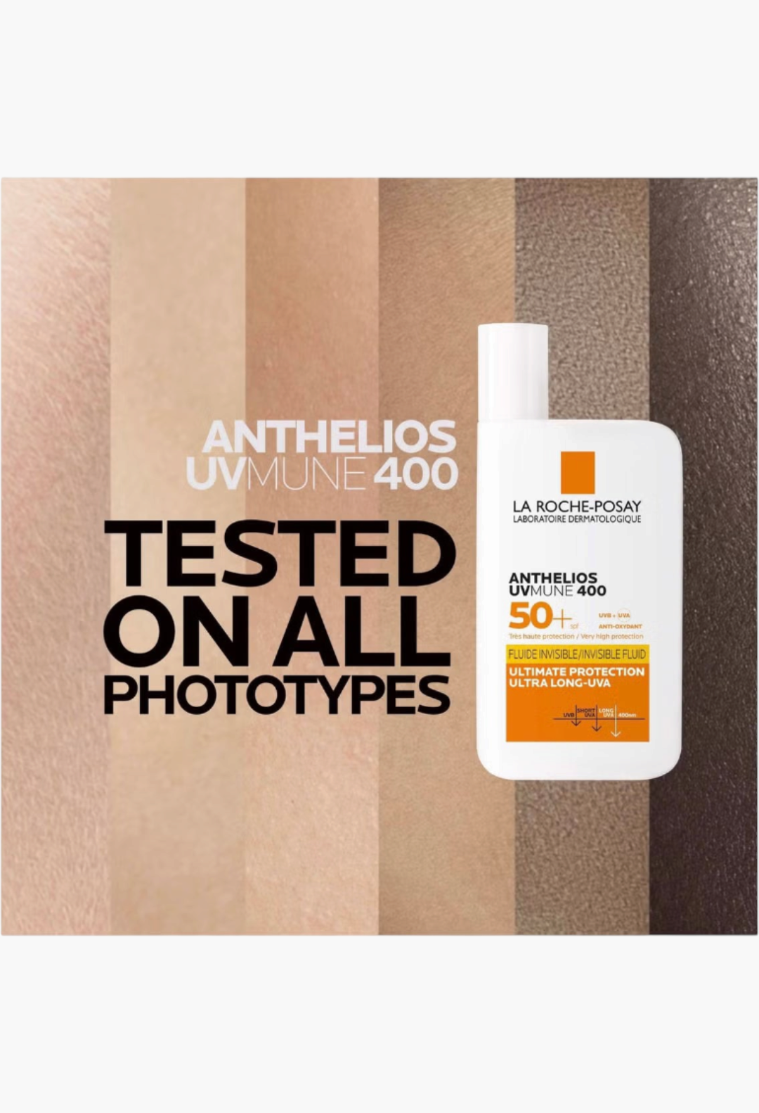 GLAM MODA La Roche-Posay Anthelios UVMune 400 SPF 50+ invisible fluid sunscreen bottle with product text overlay