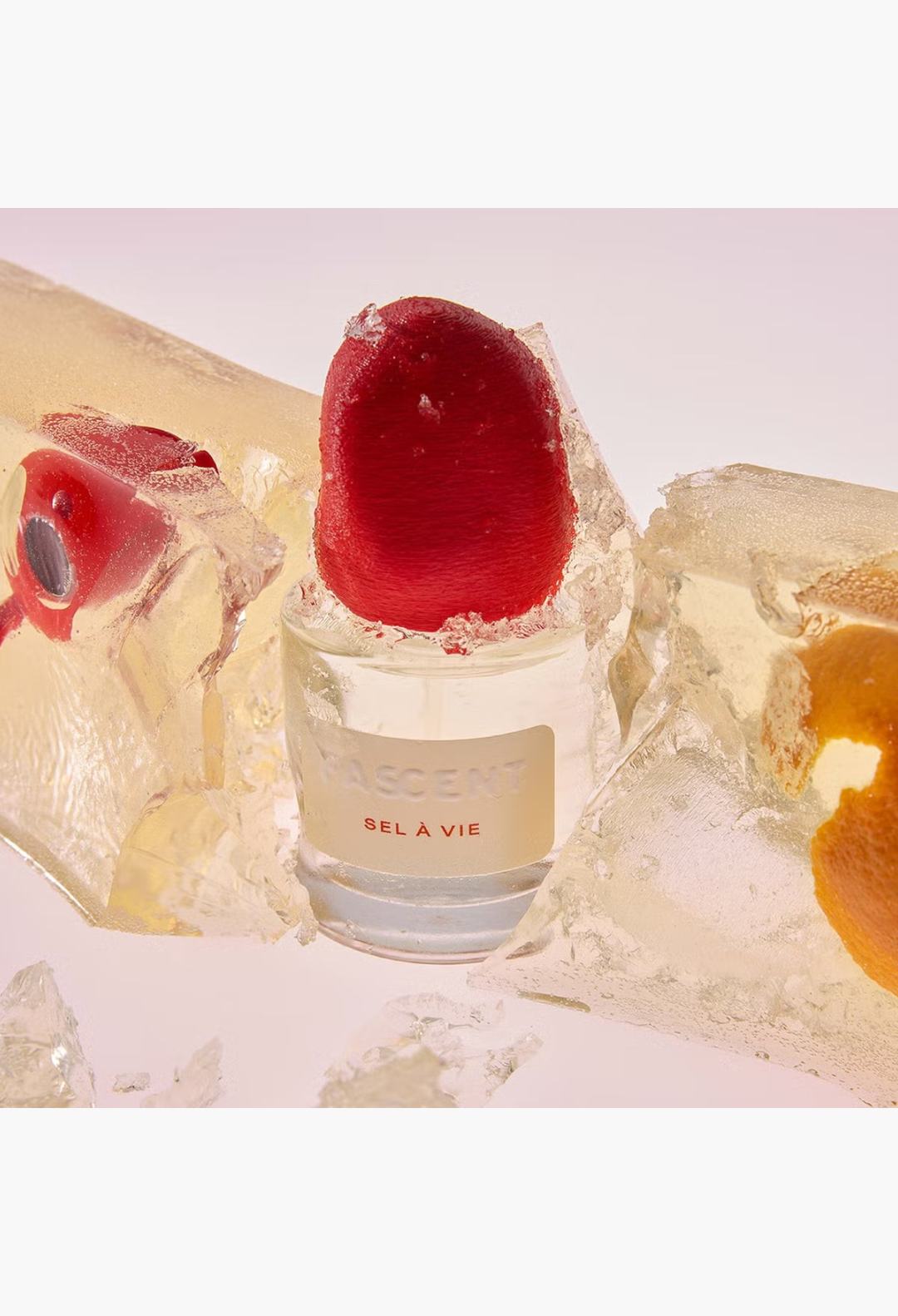 GLAM MODA Fascent Sel À Vie perfume bottle surrounded by ice and citrus fruit slices for a fresh summer aesthetic.