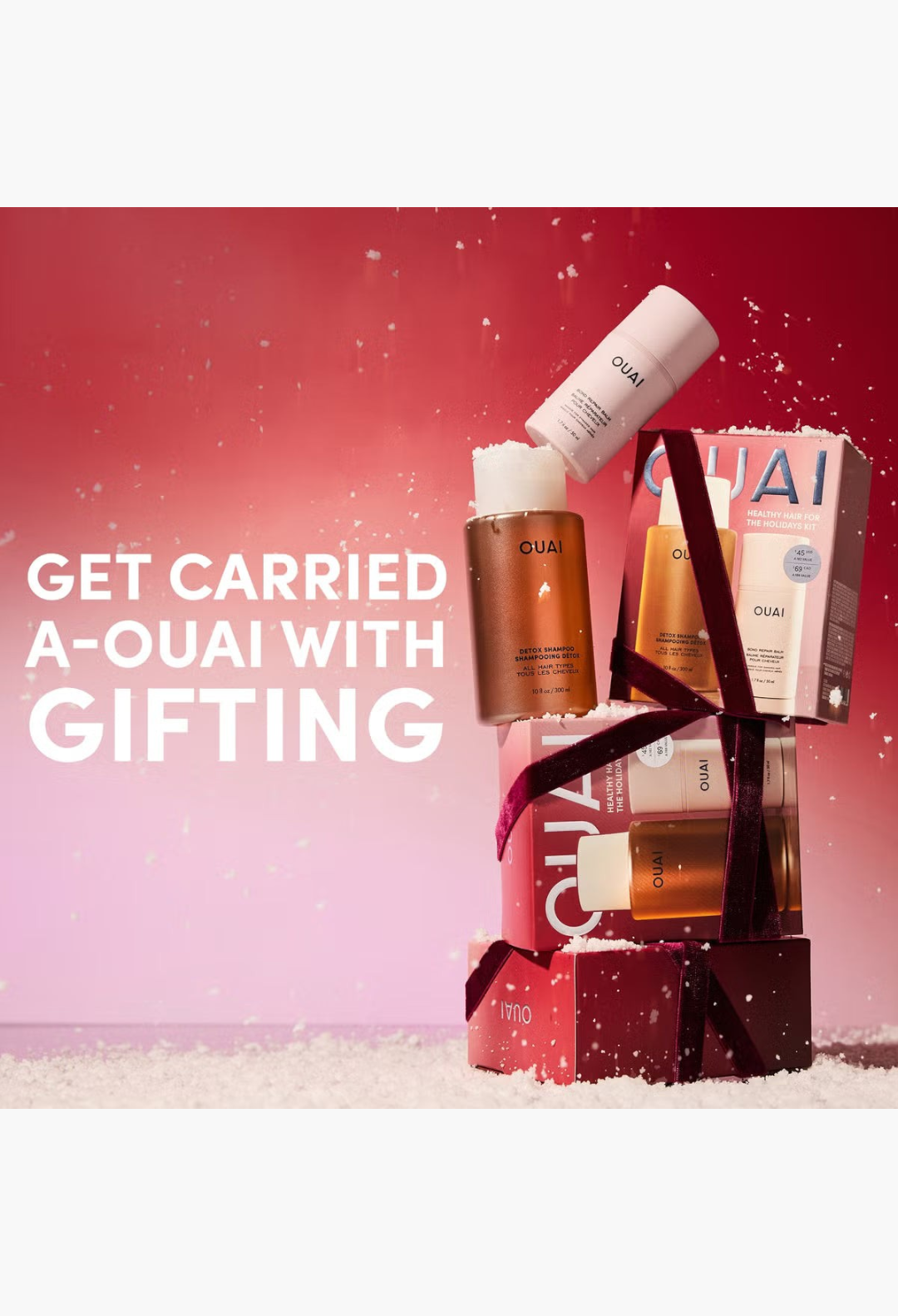 GLAM MODA OUAI Healthy Hair for the Holidays kit featuring Detox Shampoo and Bond Repair Balm in festive gift boxes.