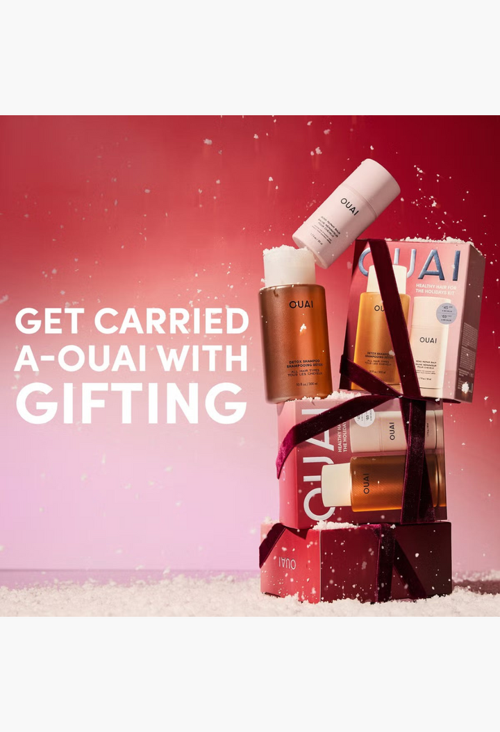 GLAM MODA OUAI Healthy Hair for the Holidays kit featuring Detox Shampoo and Bond Repair Balm in festive gift boxes.