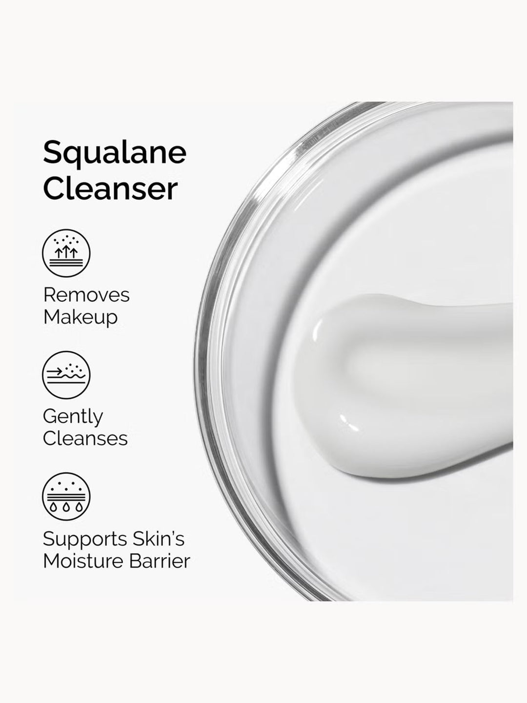 GLAM MODA The Ordinary Squalane Cleanser showing creamy white texture and benefits for makeup removal and hydration.