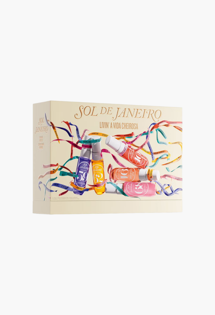 GLAM MODA Sol de Janeiro Livin'A Vida Cheirosa fragrance set featuring five travel-sized perfume mists in a gift box.