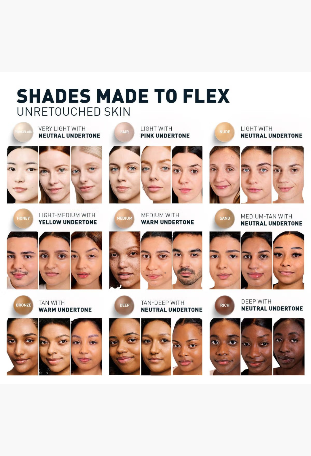 GLAM MODA Erborian CC Cream shade range chart showing diverse skin tones from porcelain to rich with undertone labels