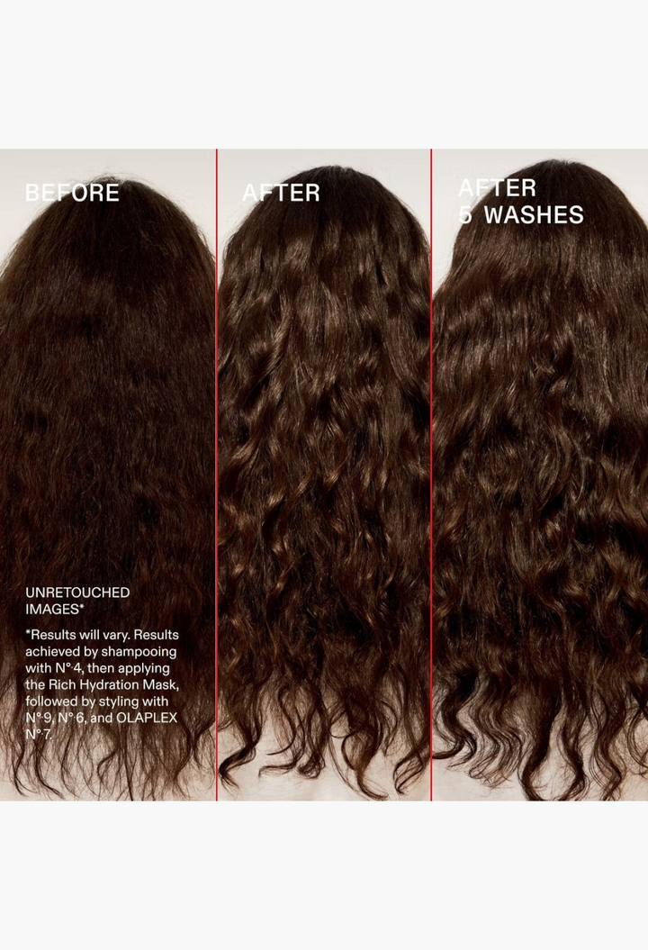 GLAM MODA hair transformation comparison showing before and after results of using the OLAPLEX Hydration Heroes set.