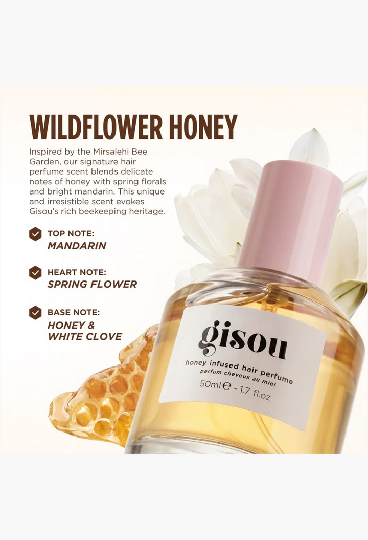 GLAM MODA Gisou Honey Infused Hair Perfume in Wildflower Honey with floral and honey notes in a glass bottle