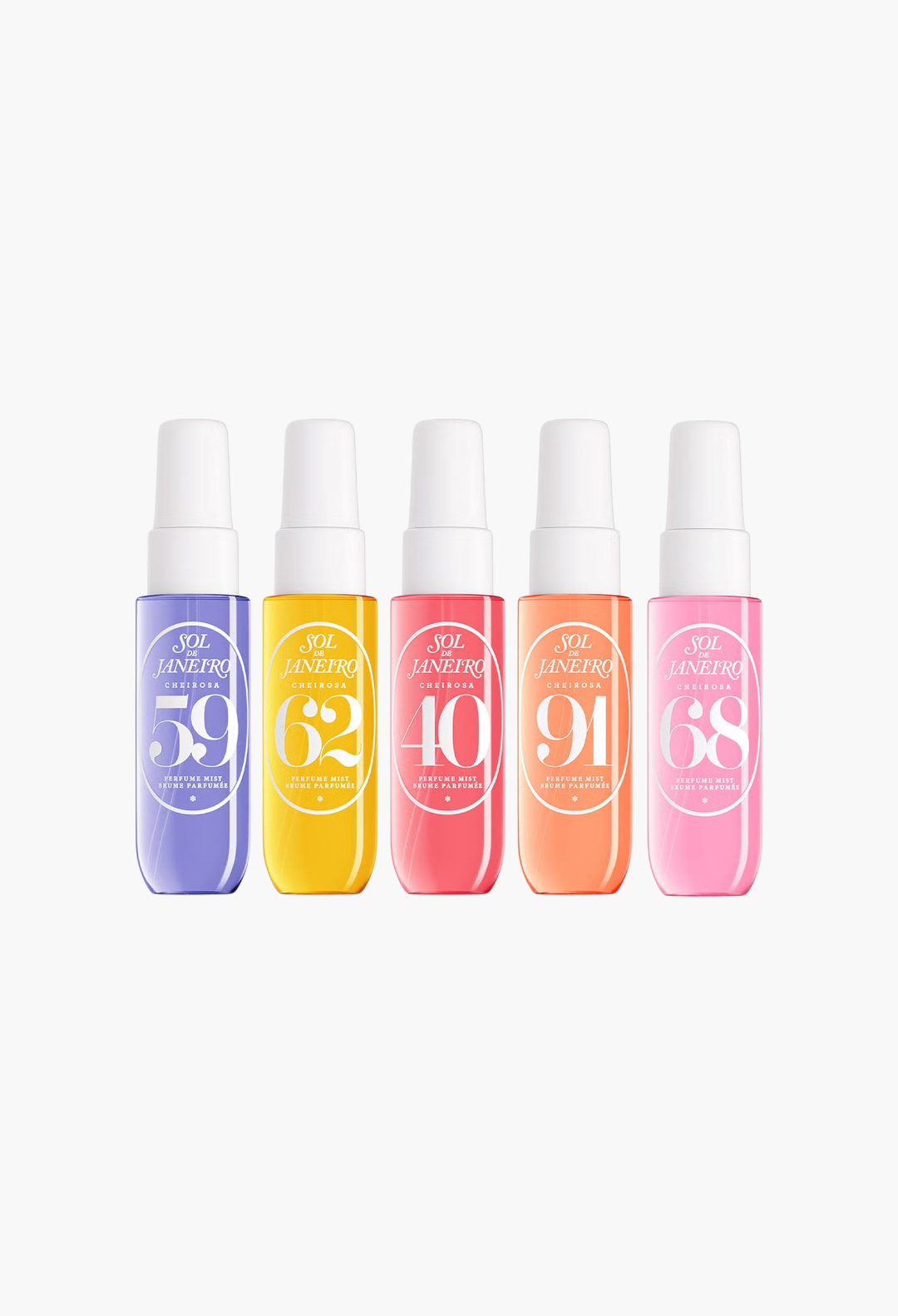 GLAM MODA Sol de Janeiro Livin'A Vida Cheirosa set of five colourful travel-sized perfume mists in a row.