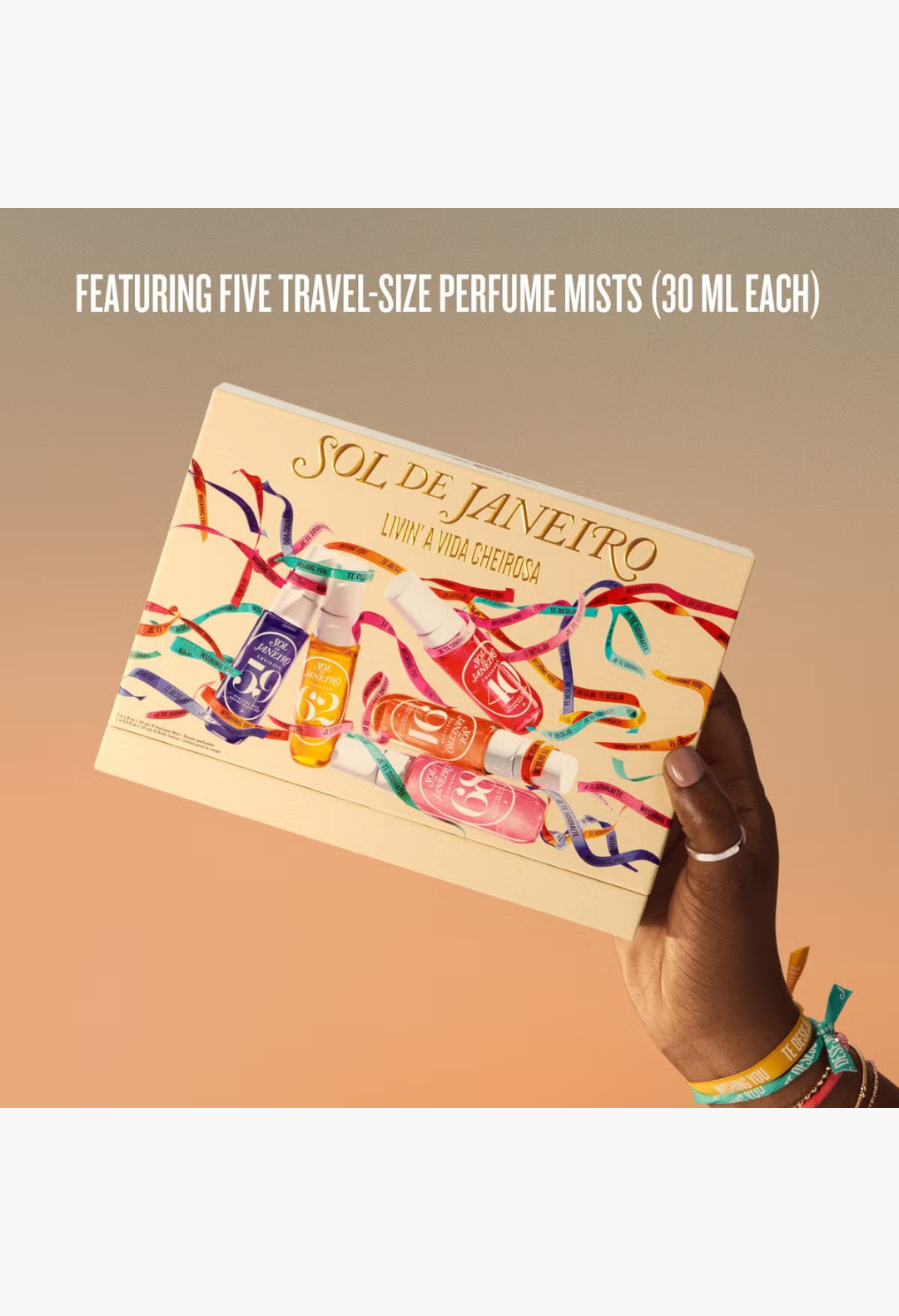 GLAM MODA Sol de Janeiro Livin'A Vida Cheirosa set featuring five travel-size perfume mists in a festive gift box.