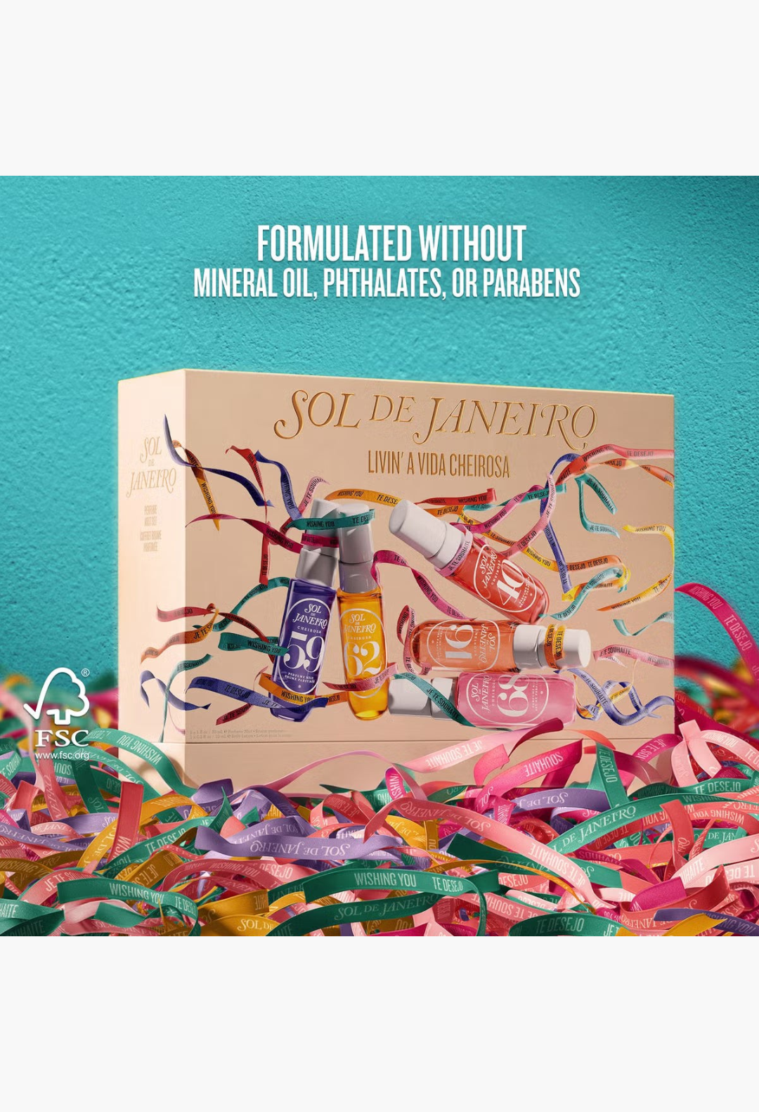 GLAM MODA Sol de Janeiro Livin'A Vida Cheirosa fragrance set featuring five travel-sized perfume mists in a gift box.