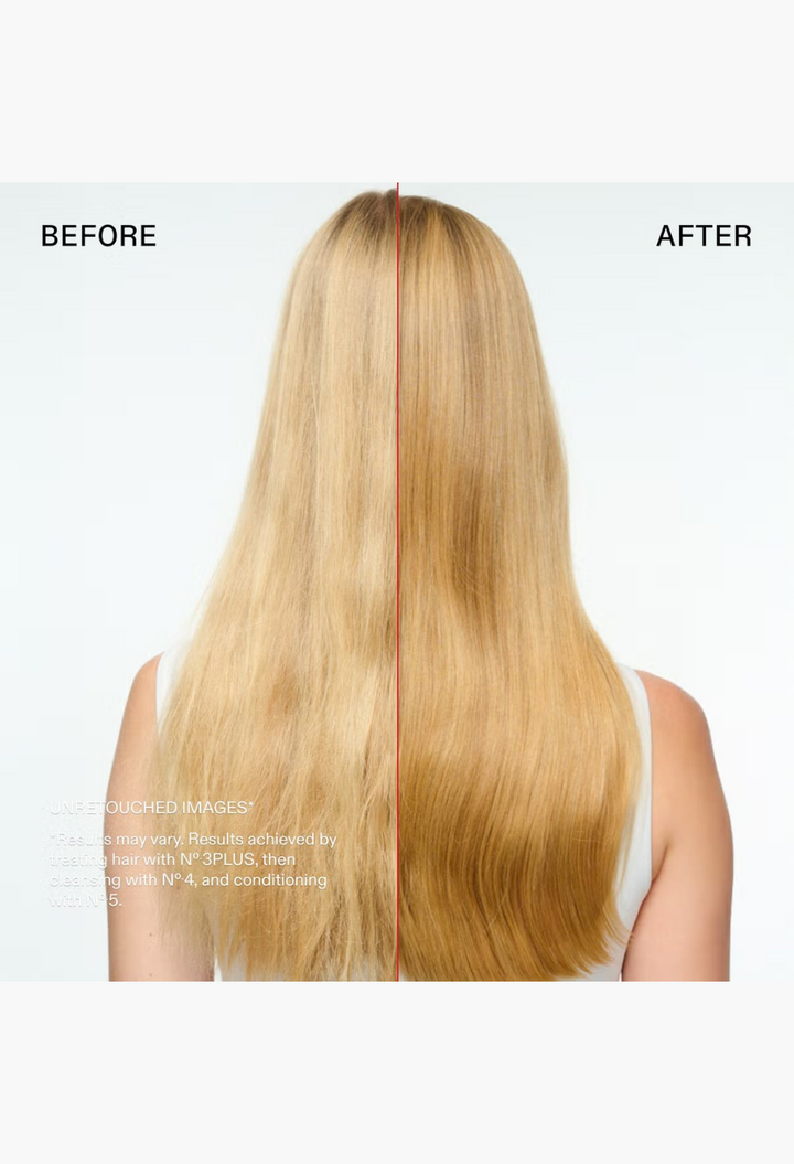 GLAM MODA hair transformation showing before and after results of the Olaplex Total Hair Repair Set on blonde hair.