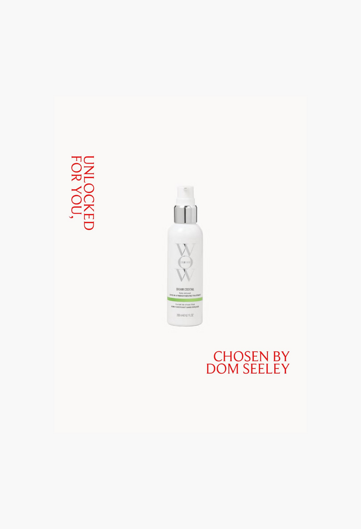GLAM MODA Color Wow Kale Cocktail leave-in strengthening treatment in a white pump bottle.